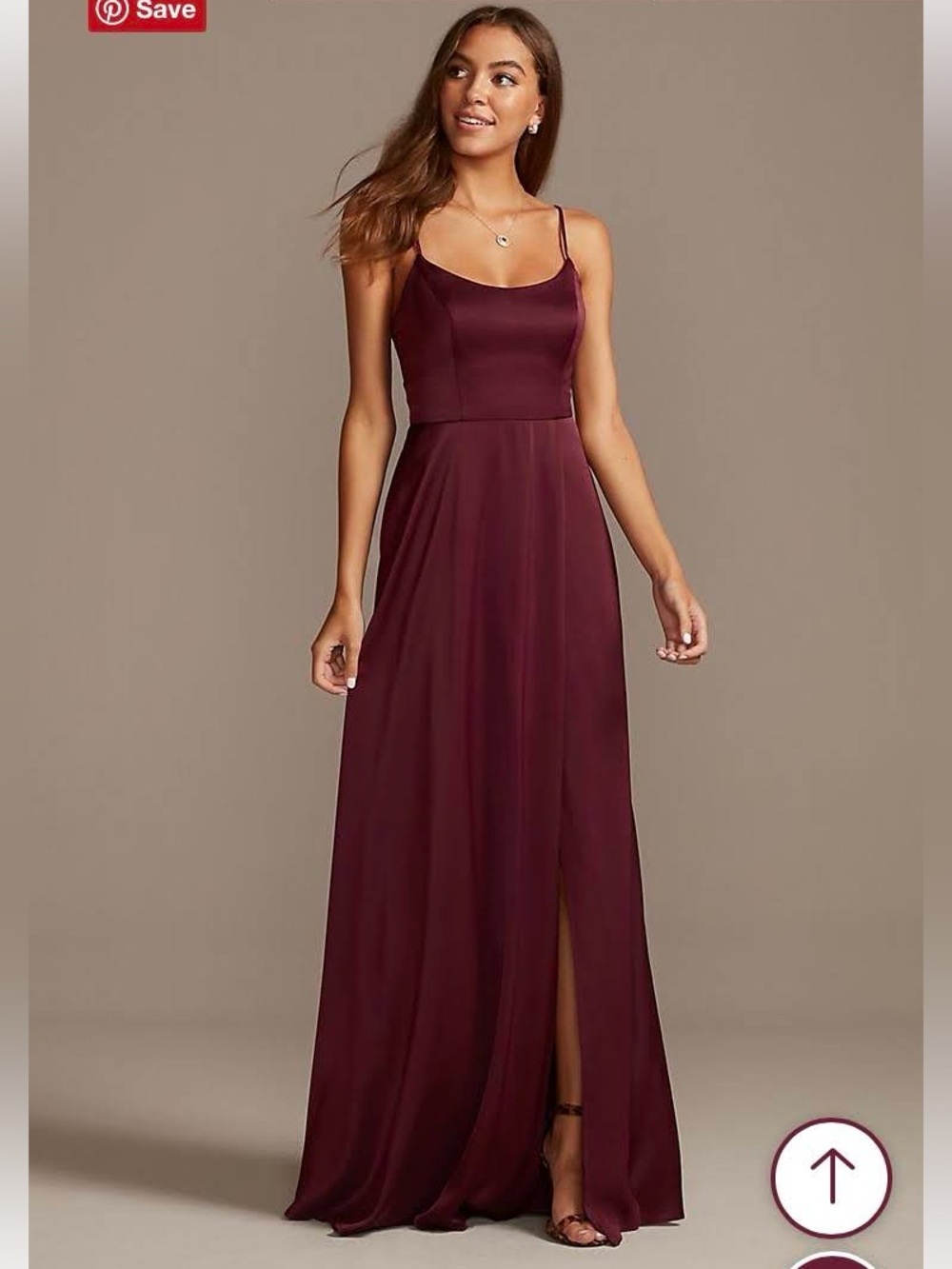 David's Bridal Crepe-Back Satin Spaghetti Strap Bridesmaid Dress in Wine